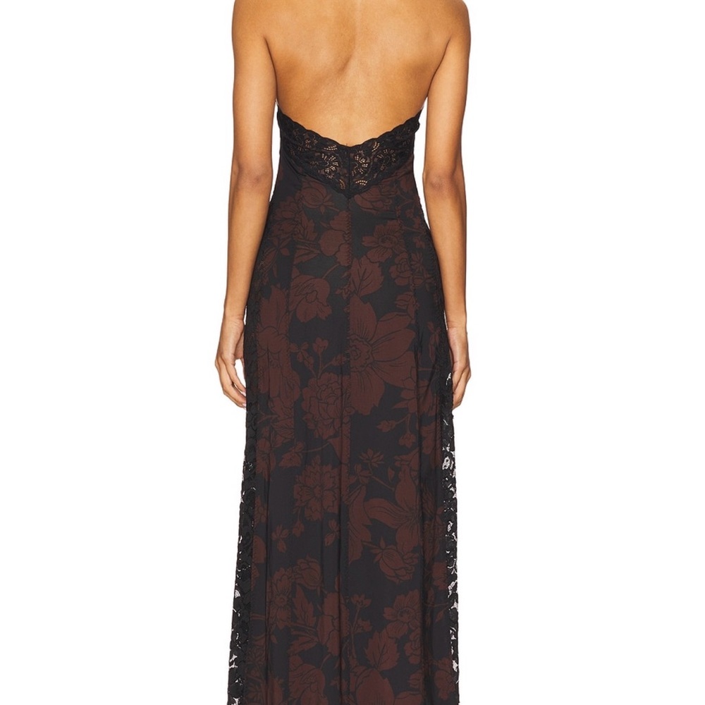 Strapless Black and Brown Floral Lace Maxi Dress